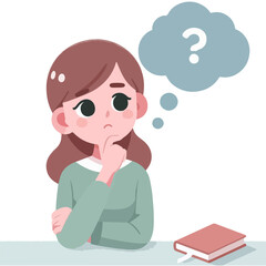 Young woman cartoon character thinking question in flat design on white background
