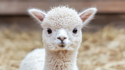 Obraz premium Cute Alpaca Baby in Close-Up Look at Camera in Barn. White, Funny Animal in Nature
