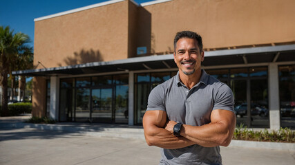 Fototapeta premium Latin fitness center owner smiling at the camera with black shirt inside of the gym next to equipment