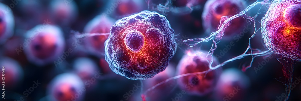 Poster Colorful and intricate microscopic view of cells,microorganisms,and molecular structures in a futuristic,digital 3D rendering.