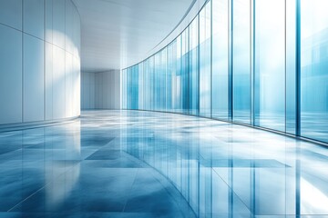 Obraz premium Modern interior design featuring curved glass walls and polished floor in a bright space
