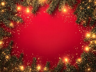 A festive holiday border featuring green pine branches adorned with warm glowing lights against a vibrant red background, perfect for seasonal greetings.