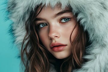 Aqua Vogue: Teen Fashionista in Faux Fur and Minimalist Vibes, generative ai
