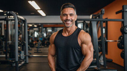 Fototapeta premium Latin gym owner smiling at the camera inside the gym, next to some equipment