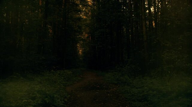 Empty narrow path in the forest between the trees. Mysterious path in the dark forest. Scary atmosphere of an abandoned place at sunset.