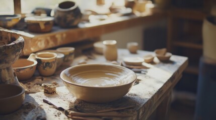 A serene pottery wheel studio with pottery tools and spinning clay, Pottery tools arranged around spinning pottery wheels, Artistic studio style