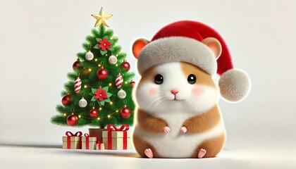 the image of the 3D-rendered hamster wearing a Christmas hat, sitting next to a decorated Christmas tree