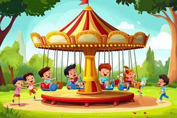 Children enjoying a ride on a colorful carousel in a park