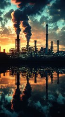 A vibrant industrial skyline silhouetted against a colorful sunset, reflecting in the water. Smoke billows from factory chimneys.