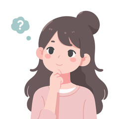 Young woman cartoon character thinking question in flat design on white background
