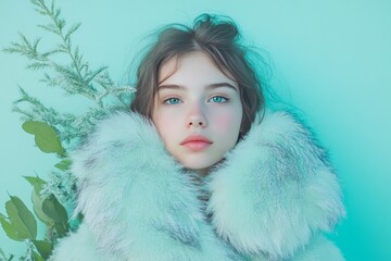 Aqua Vogue: Teen Fashionista in Faux Fur and Minimalist Vibes, generative ai