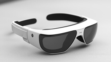 A 3D model of an augmented reality headset with sleek lines and built-in speakers. v2