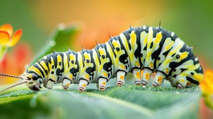 Fototapeta premium Close-up of Caterpillar Munching on Leaf