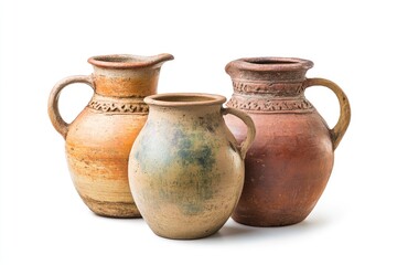 Three Rustic Clay Jugs with Handles and Decorative Patterns