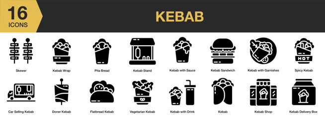 Kebab solid icon set. Includes car selling, vegetarian, spicy, skewer, bread, kebab, and More. Solid icons vector collection.