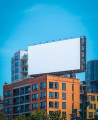 A large white billboard on top of an orange apartment building, framed by a clear blue sky.