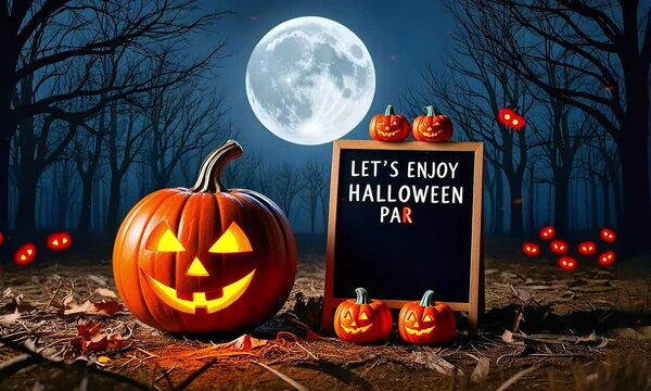 Jack-o'-Lantern Glow Amidst Moonlit Pumpkins and a Haunted Forest