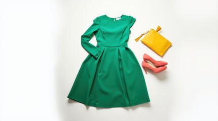A fashionable outfit is laid out on a clean white backdrop, featuring a striking emerald green dress with a fitted bodice and a flowing skirt that gracefully drapes.