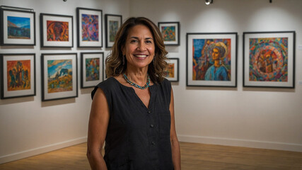 Obraz premium Latin female art gallery owner smiling at the camera in front of a wall of art
