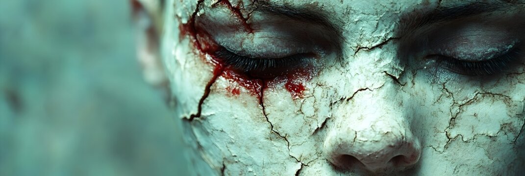 Creepy,disturbing,and unsettling image of a distorted,disfigured face with a cracked,bloody texture set in a grungy,surreal,and haunting atmosphere. This image evokes a sense of horror,mystery.