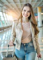 Obraz premium a young and beautiful woman. A woman in comfortable travel clothes (jeans, jacket) walks through an airport terminal, pulling a suitcas