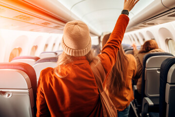Team in the airplane aisle, bursting with joy after a major victory and success