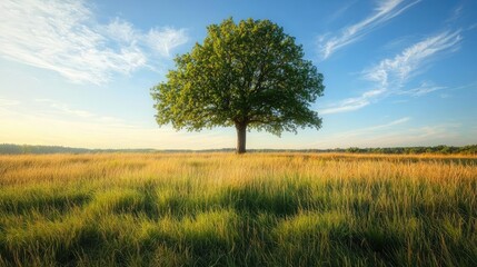 Fototapeta premium Lone green tree standing in a bright field under a clear blue sky.