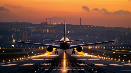 Fototapeta premium Airplane Landing on Runway at Sunset
