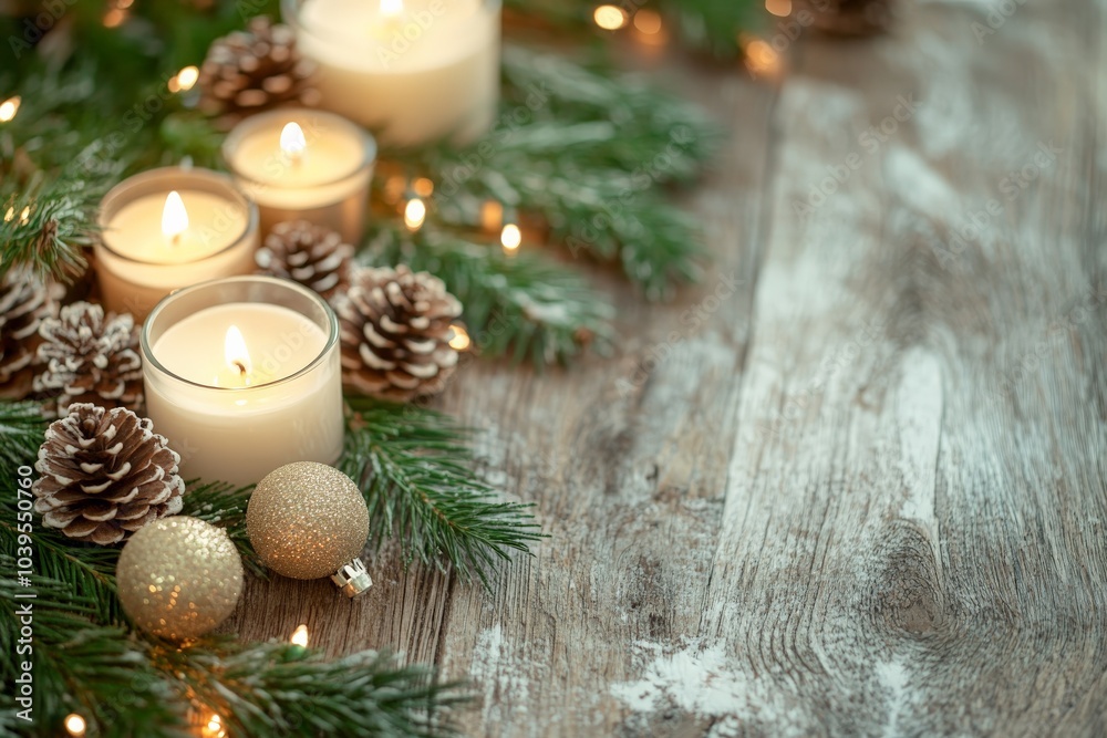 Poster decorative candles and pine cones arranged on a rustic wooden table with green foliage create a fest