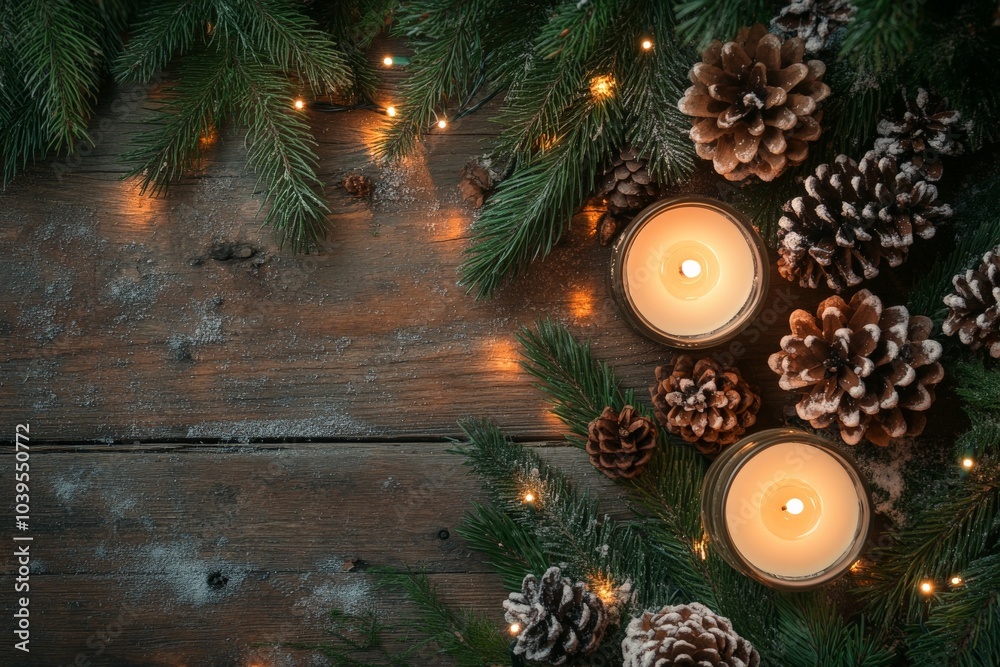 Poster softly glowing candles are placed among pine cones and green branches on a rustic wooden table, crea