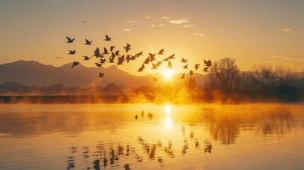 Flock of Migratory Birds Taking Flight at Sunrise