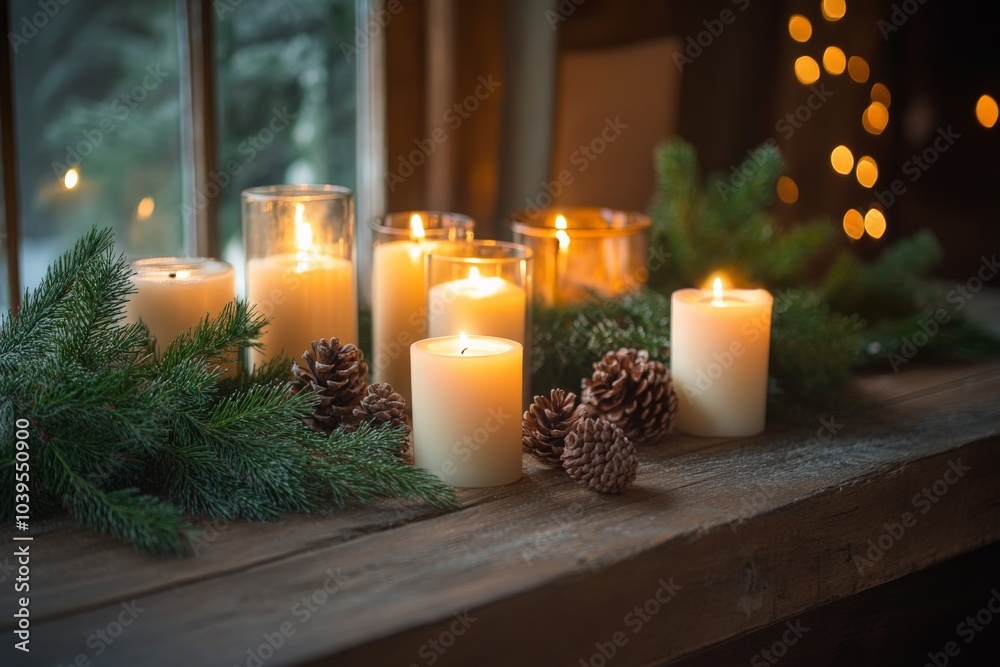 Poster A charming window arrangement featuring soft candlelight illuminating verdant pine branches and rustic pinecones, creating a warm and inviting winter atmosphere.