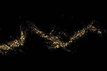 Texture of gold glitter, on a black background. Abstract golden color particles, confetti glitter explosion. Festive background.