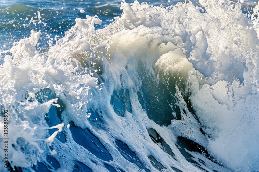 Poster a powerful ocean wave crashes, sending white foam into the air, capturing the force and beauty of th