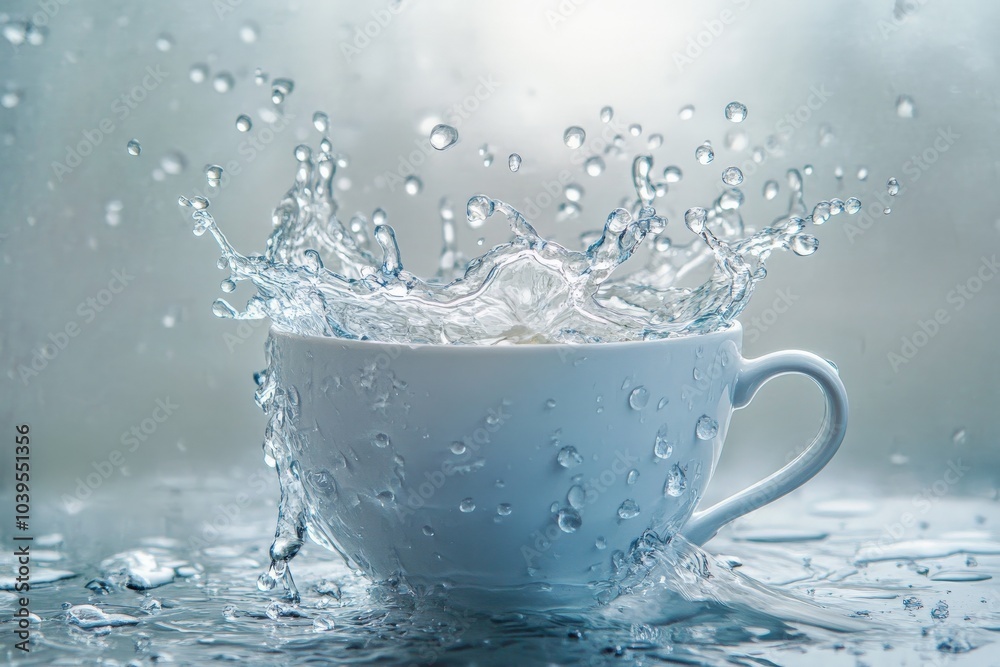 Poster a dramatic water splash bursts out from an overflowing cup in a dynamic capture, illustrating energy
