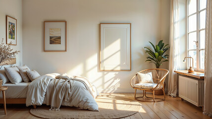 Fototapeta premium Interior of a modern bedroom with a large window. 3d render