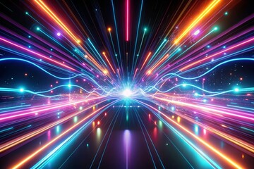 Fototapeta premium Neon futuristic flashes on black background. Motion light lines backdrop. For banner, postcard, illustration. Created with tools