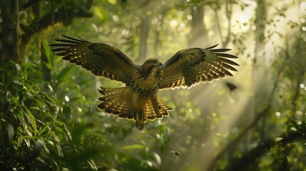 Obraz premium Hawk Swooping Through Dense Forest Environment