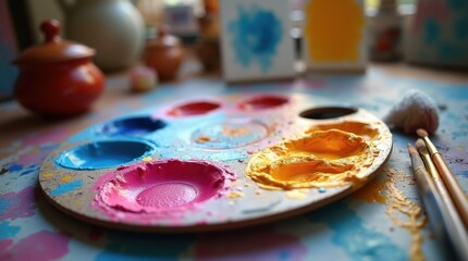 An artist's palette is filled with vibrant paints in bold shades of cobalt blue, bright fuchsia, and sunny yellow.