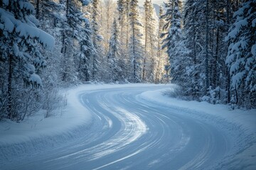 Obraz premium A serene snowy path meanders through a sunlit winter woodland, capturing the tranquility and beauty of a landscape at the cusp of a snow-laden path journey.