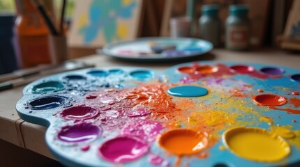 An artist's palette is filled with vibrant paints in bold shades of cobalt blue, bright fuchsia, and sunny yellow.