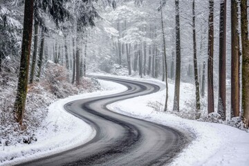 Obraz premium A snowy pathway dramatically snakes through a tall tree forest, embodying solitude, timeless beauty, and the untouched essence of a winter wonderland.