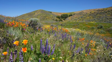Vibrant Hillside Blanketed with Wildflowers in Bloom