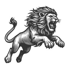 lion in a powerful pouncing position, with a flowing mane, drawn in an engraving style sketch engraving generative ai raster illustration. Scratch board imitation. Black and white image.