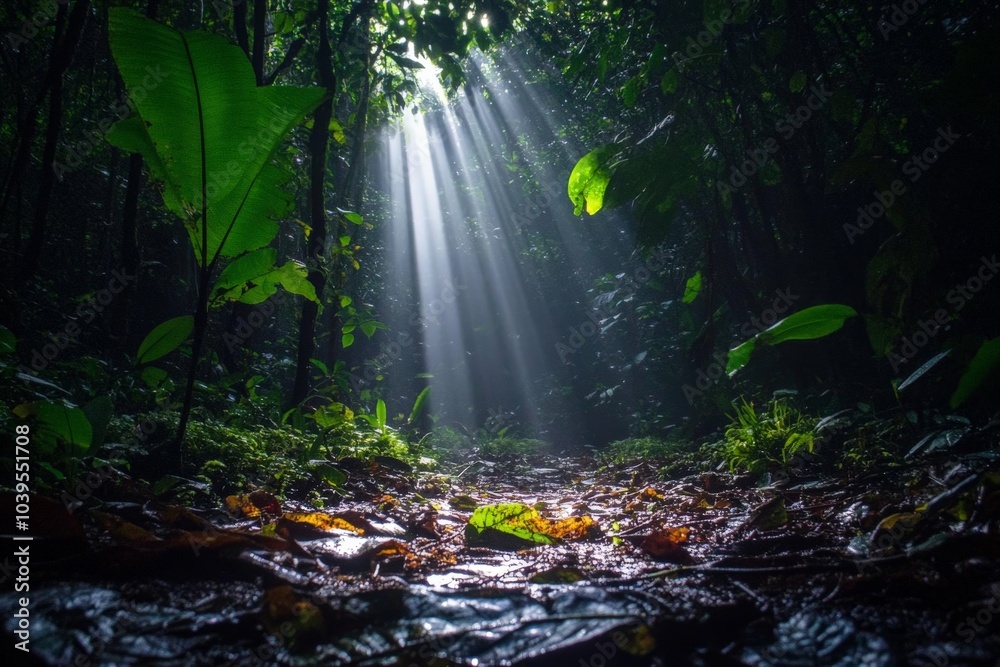 Poster a captivating forest path with sunbeams illuminating the lush green foliage and fallen leaves, evoki