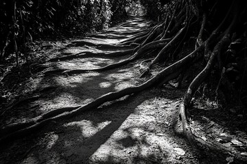 Fototapeta premium This black and white photograph captures a forest path, defined by twisting tree roots and framed by dense foliage, embodying mystery and the allure of nature's depth.
