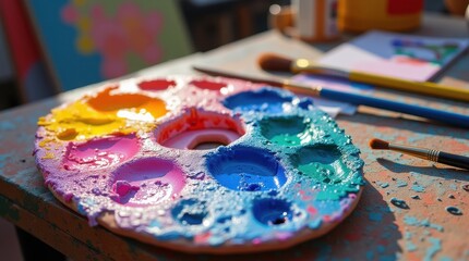 An artist's palette is filled with vibrant paints in bold shades of cobalt blue, bright fuchsia, and sunny yellow.