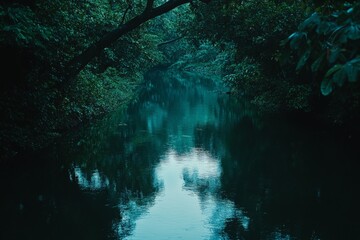 A mysterious river corridor in the jungle, shrouded in dense foliage and undergrowth, with trees forming a natural arc above the dark, reflective water surface.