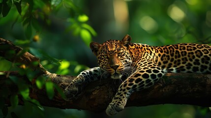 Leopard Lounging on Tree Branch in Natural Habitat