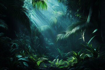 A vibrant tropical jungle drenched in sunlight, featuring dense, green foliage and casting a sense of tranquility and connection with nature.